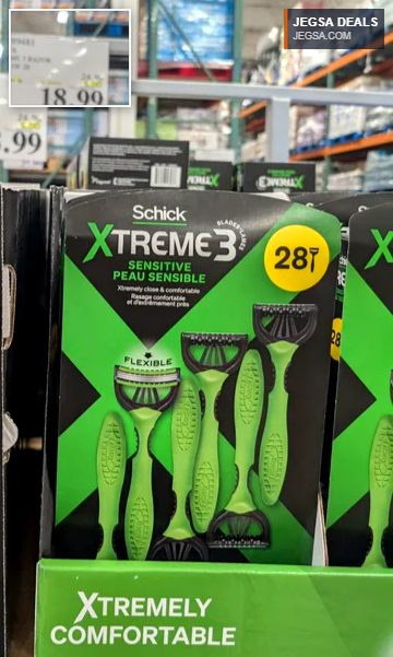 Schick Xtreme3 Sensitive green disposable razors, 28-pack, from Costco for $18.99, designed for comfortable shaving.