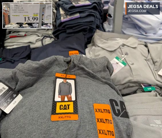 Men's grey Caterpillar jersey hoodie, sizes S-XXL, available at Costco for $13.99, ideal for casual comfort.