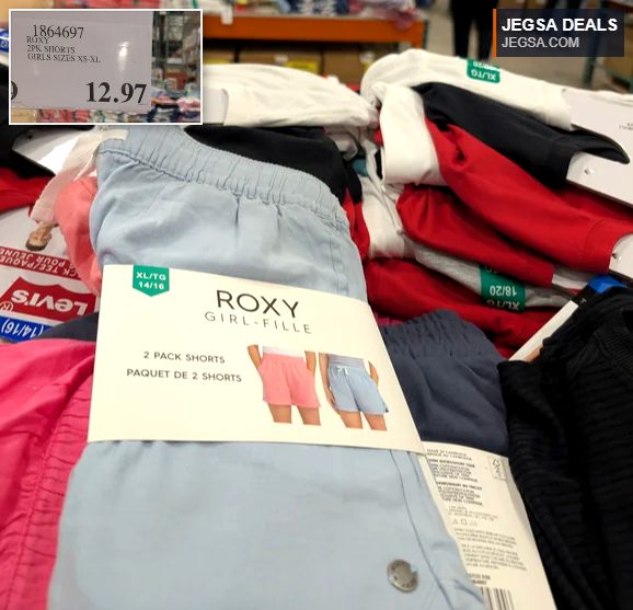 Roxy Girls 2-Pack Shorts in light blue and pink, sold at Costco for $12.97, ideal for casual wear.