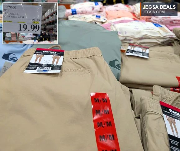 Men's Bench twill jogger pants in a light brown/tan color from Costco, on sale for $19.99.