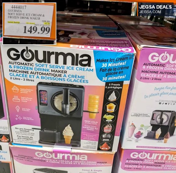 Gourmia automatic soft serve ice cream and frozen drink maker in black and grey, displayed in its retail box at Costco for $149.99.