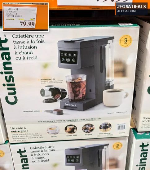 Cuisinart grey single cup coffee maker on its box for hot and cold brew, available at Costco for $79.99.
