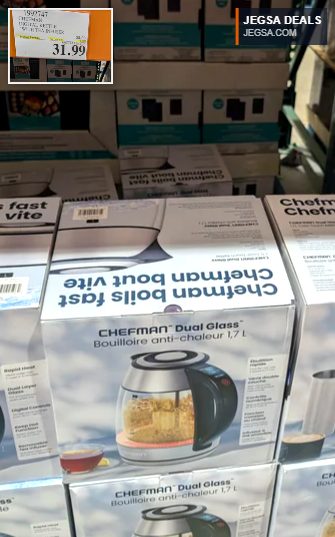 Chefman Dual Glass 1.7L digital kettle with tea infuser from Costco, featuring cool-touch and rapid heat, priced at $31.99.
