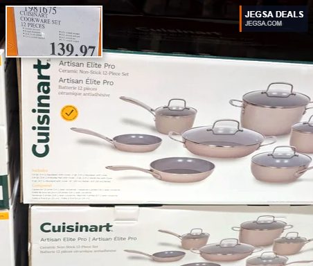 Cuisinart Artisan Elite Pro ceramic non-stick 12-piece cookware set from Costco, ideal for diverse cooking needs.