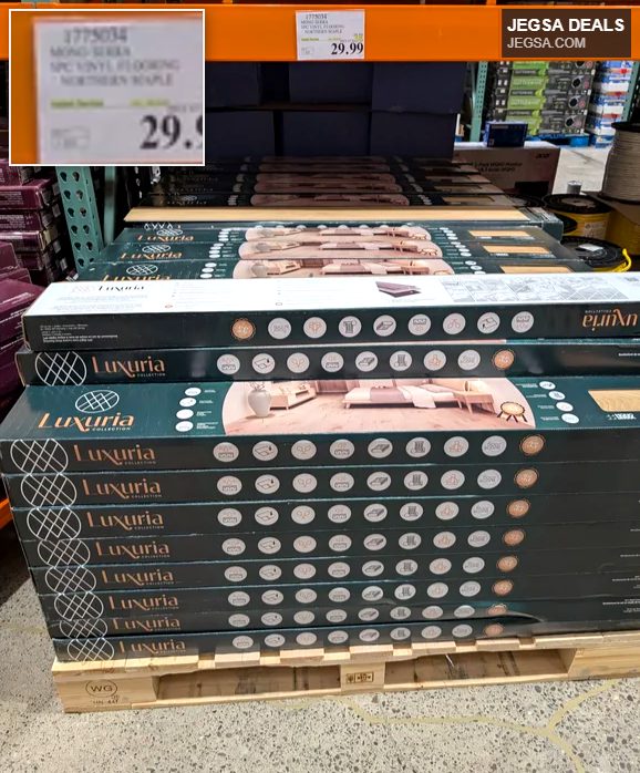 Luxuria Collection Mono-Ridge Northern Maple LVT flooring from Costco, priced at $29.99 per box.