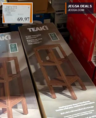 Teakhaus 3-tier teak wood shelf from Costco for $69.97, ideal for stylish storage and display.