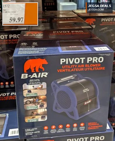 B-AIR Pivot Pro Utility Air Blower in a black and blue design, perfect for home and garage drying and air circulation, available at Costco for $59.97.