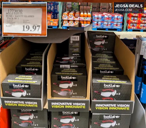Bolle Safety Rush+ clear and tinted safety glasses 3-pack for eye protection at Costco, priced at $19.97.