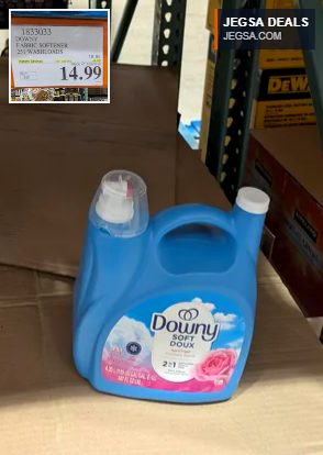 Large blue Downy Soft Daux fabric softener for 251 washloads at Costco for $14.99, ensuring fresh, soft laundry.