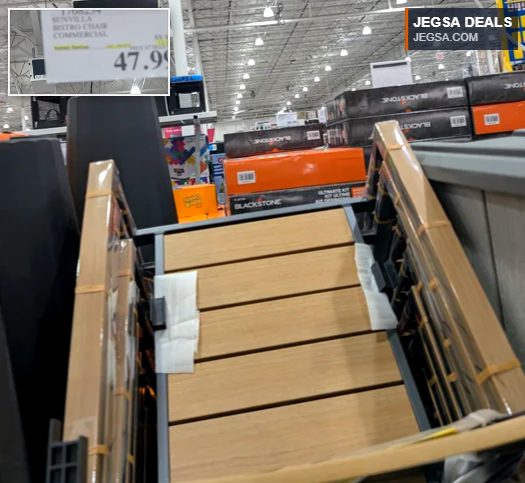 Packaged Sunvilla Commercial Bistro Chair at Costco for $47.99, suitable for dining spaces.