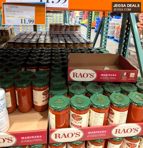 Rao's Marinara Sauce 2-pack 770ml jars displayed at Costco for $11.99, a gourmet pantry staple.