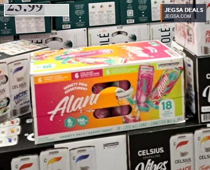 Alani Nu energy drink 18-can variety pack in vibrant colors from Costco, priced at $23.99 for an energy boost.