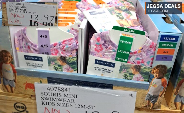 Souris Mini kids' swimwear in various floral prints, sizes 12M-5T, priced at $12.97 from Costco.
