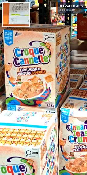 Large 1.3 kg box of General Mills Cinnamon Toast Crunch cereal at Costco for $8.49, perfect for a family breakfast.