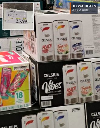 18-pack of Celsius Vibes Energy Drink from Costco, priced at $23.99, offering a variety of invigorating flavors.