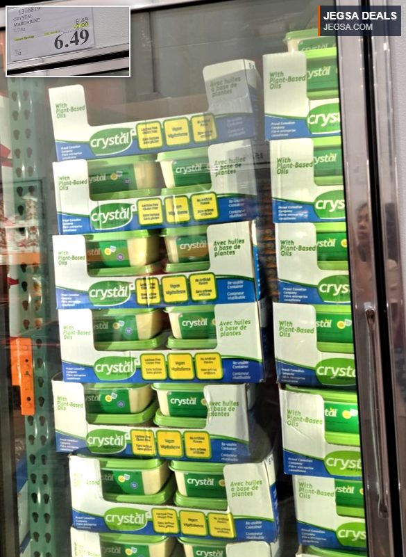 Crystal margarine, 1.7 kg, made with plant-based oils, on sale for $6.49 at Costco.