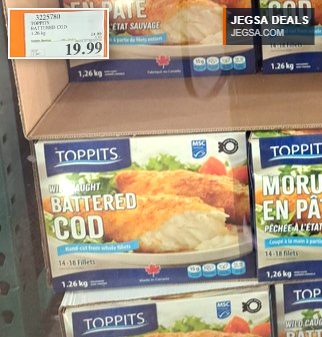 Toppits Wild Caught Battered Cod fillets, 1.26 kg box from Costco, on sale for $19.99, save $5.00.