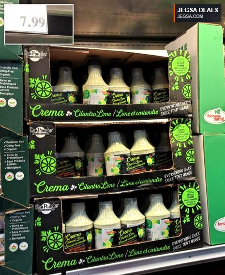 Crema Cilantro Lime sauce, a refreshing and versatile dressing or topping, available at Costco for $7.99.