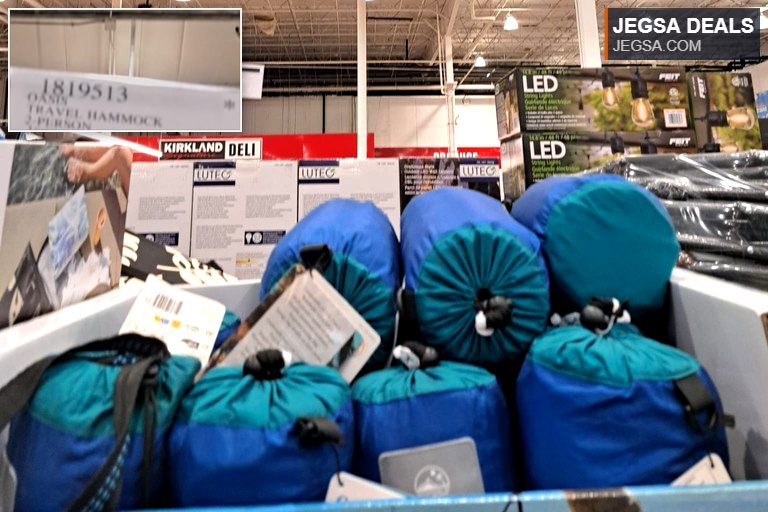 Oasis 2-Person Travel Hammock in blue and teal compression sacks from Costco, priced at $19.97, ideal for camping and outdoor relaxation.