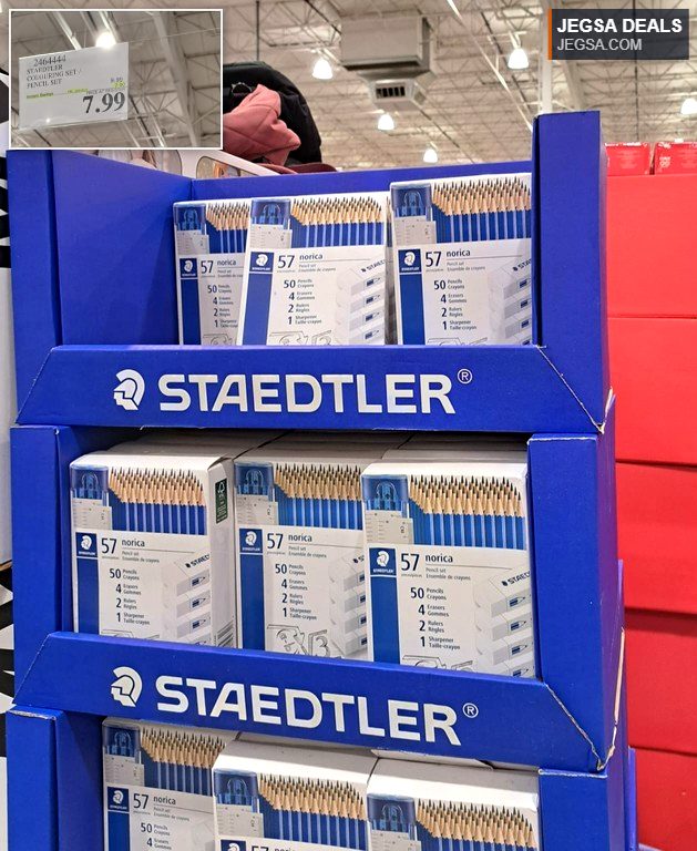 Staedtler Norica 57-piece colouring and pencil set, including pencils, crayons, erasers, and sharpener, from Costco, $7.99.