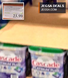 Bulk pack of Cascade Platinum Plus dishwasher pods at Costco, priced at $23.99 for a powerful clean.
