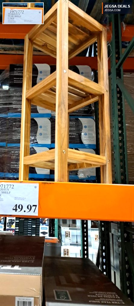 Teakhaus 3-tier wooden shelf from Costco, priced at $49.97, ideal for organizing and decorating any room.