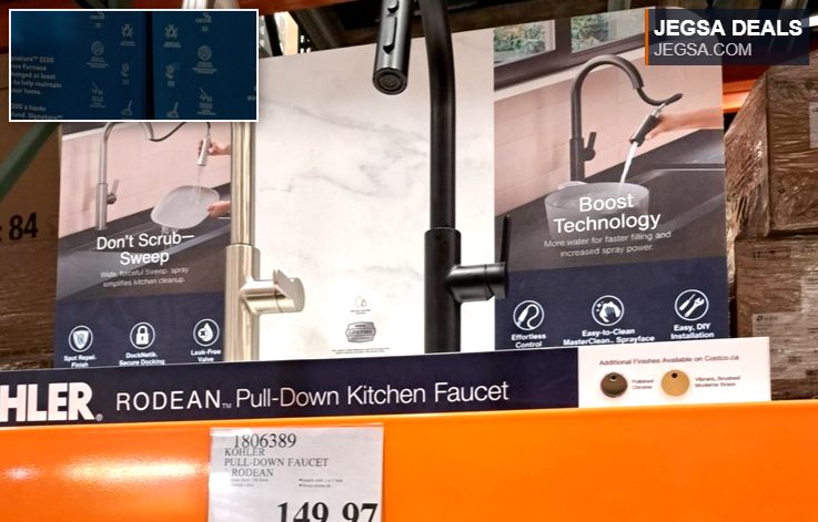 KOHLER RODEAN pull-down kitchen faucet in brushed nickel and matte black, featuring Don't Scrub Sweep & Boost Technology at Costco.