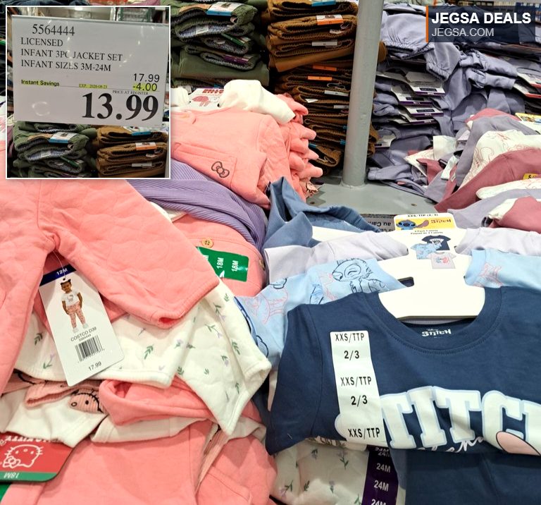 Licensed infant 3-piece jacket set for babies 3-24 months from Costco, in assorted colors, on sale for $13.99.