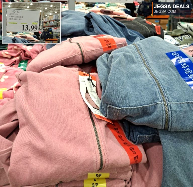 Licensed pink and blue kids' fleece hoodies from Costco, on sale for $13.99, available in sizes XS-L.