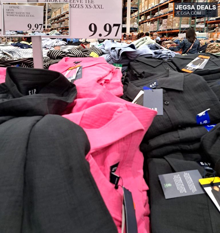 Women's Orvis short sleeve tee in various colors like pink and black, available at Costco for $9.97.