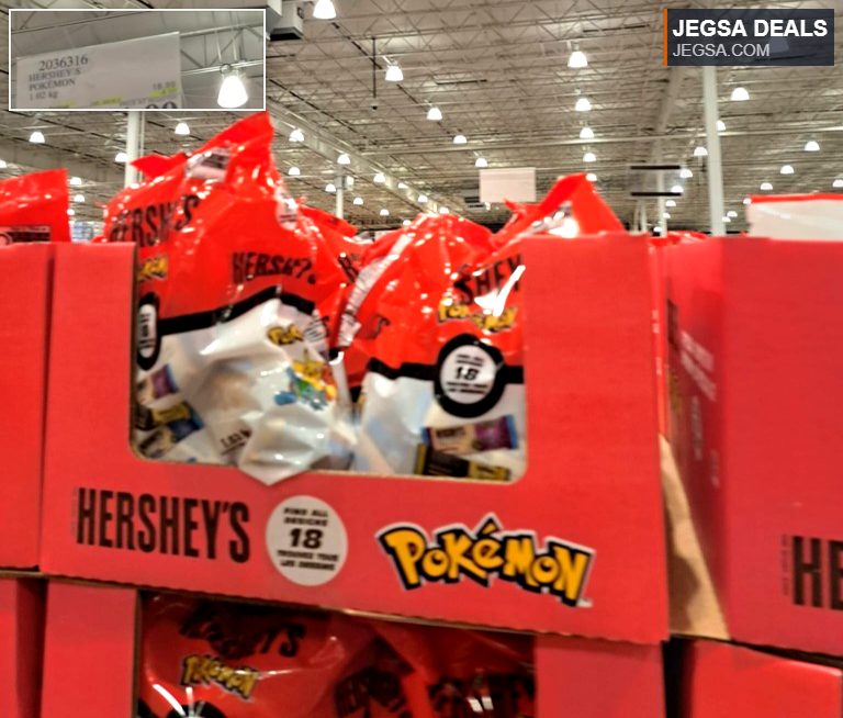 Large 1.02 kg box of Hershey's assorted chocolates in red and white Pokémon-themed bags, priced at $14.99 at Costco.
