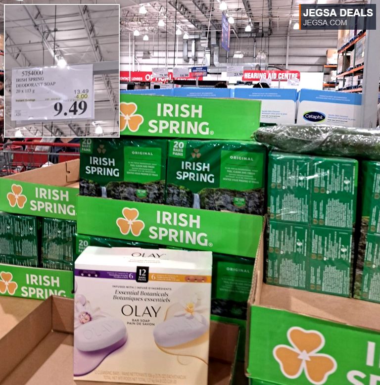 Irish Spring Original Deodorant Soap 20-bar pack (20 x 113g) from Costco, $9.49.