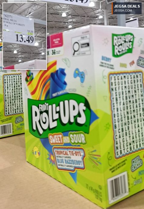 General Mills Fruit Roll-Ups Sweet and Sour Tropical Tie-Dye & Blue Razzberry variety pack from Costco, 72 rolls for $13.49.