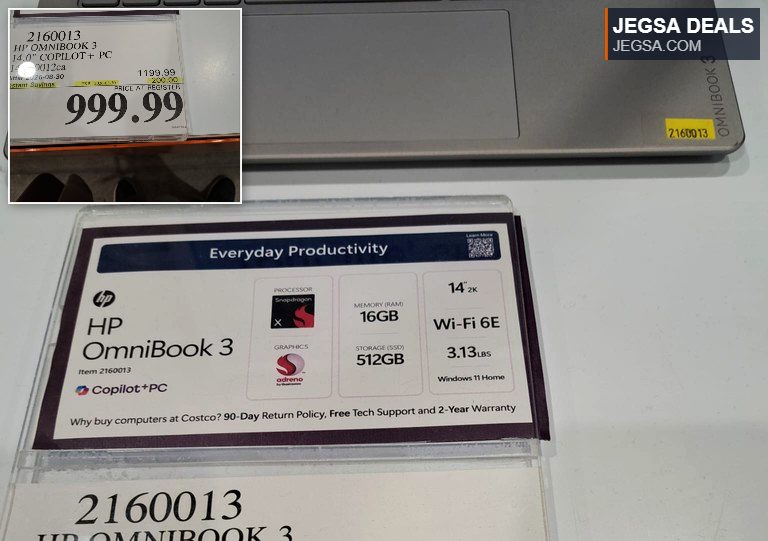 Silver HP OmniBook 3 14 inch laptop with Snapdragon processor, 16GB RAM, 512GB SSD, and Windows 11 from Costco, on sale for $999.99.