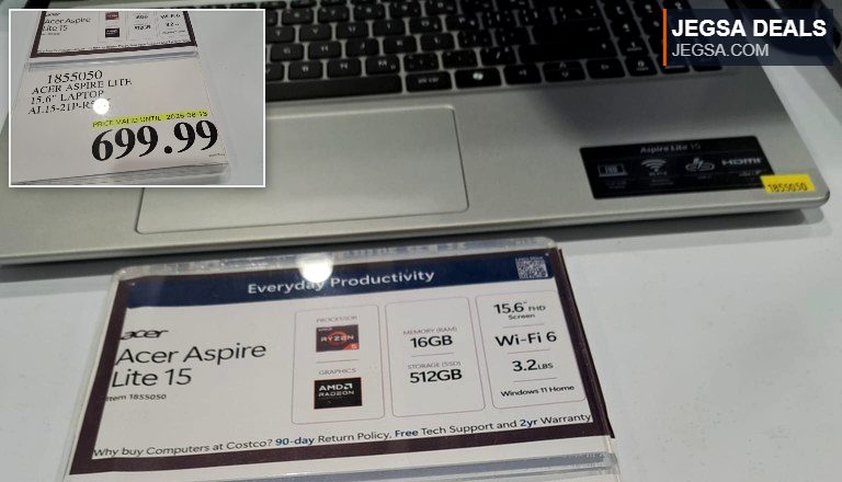Silver Acer Aspire Lite 15 laptop with AMD Ryzen processor, 16GB RAM, 512GB SSD from Costco for $699.99, valid until 2026-08-18.