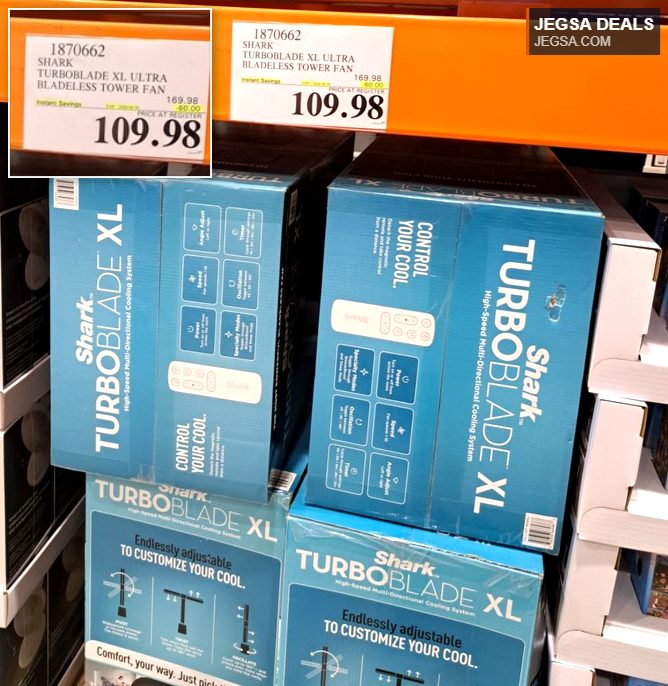 Shark TurboBlade XL Ultra Bladeless Tower Fan for high-speed multi-directional cooling, available at Costco for $109.98.