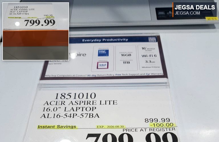 Silver Acer Aspire Lite 16 inch laptop with Intel processor, 16GB RAM, and 1TB SSD, on sale at Costco for $799.99.