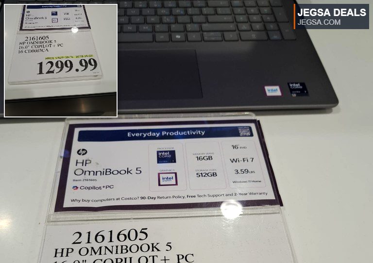 HP OmniBook 5 16.0" Copilot+ PC laptop with Intel Core Ultra 7, 16GB RAM, 512GB storage at Costco for $1299.99.