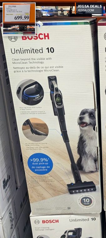 Black Bosch Unlimited 10 cordless stick vacuum with MicroClean Technology for powerful dust pick-up from Costco, $699.99.