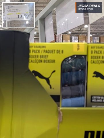 Puma boys' 8-pack boxer briefs in assorted colors, sizes XS-XL, on sale at Costco for $13.99, saving $4.