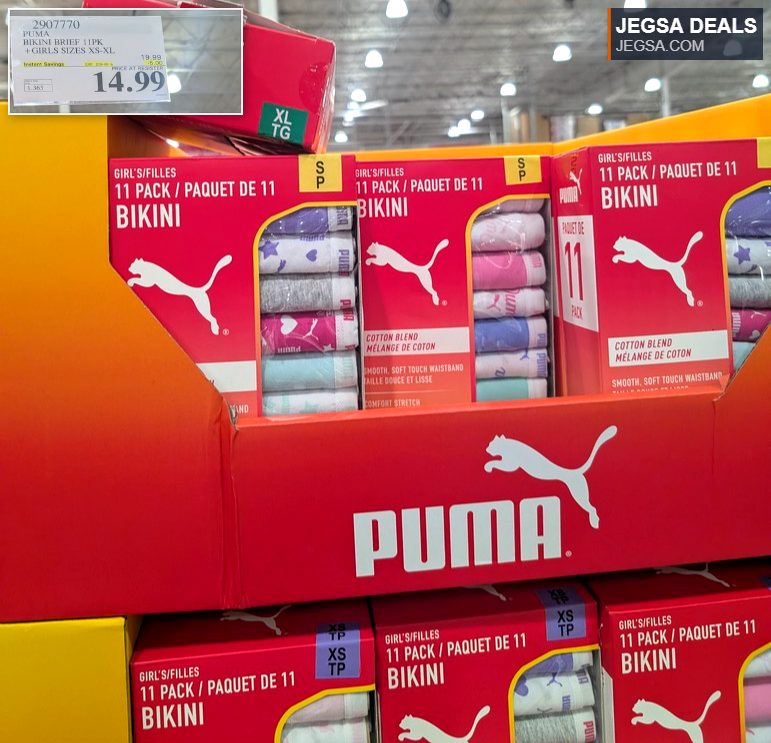 PUMA girls' 11-pack cotton blend bikini briefs with soft-touch waistband, available in sizes XS-XL, on sale at Costco for $14.99.