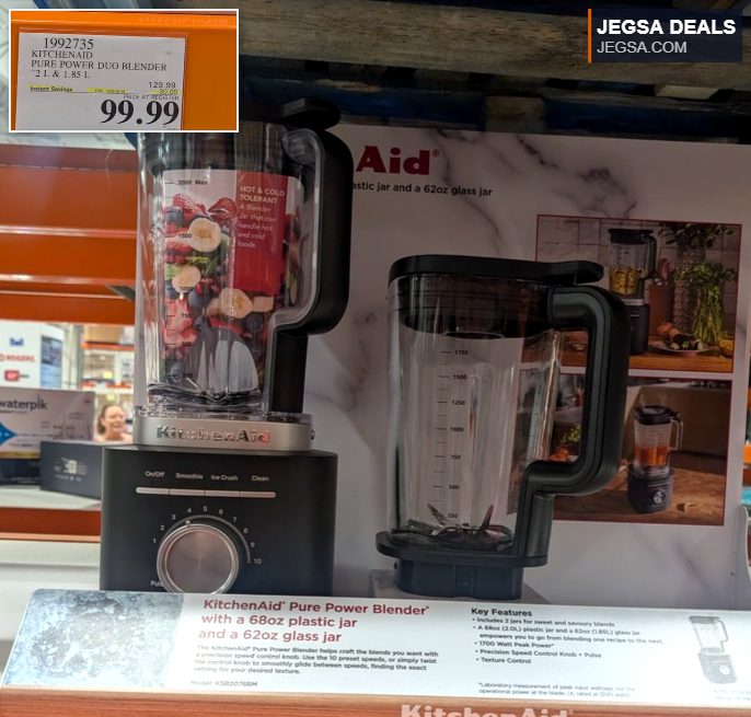 Black KitchenAid Pure Power Duo Blender with plastic and glass jars on sale at Costco.
