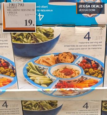 Pandex 4-piece blue and white patterned melamine serving set for dips and snacks from Costco, priced at $19.97.