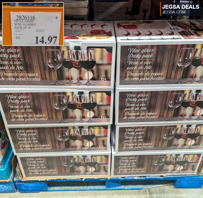 Excel Light 18-pack wine glasses from Costco, ideal for parties, priced at $14.97.