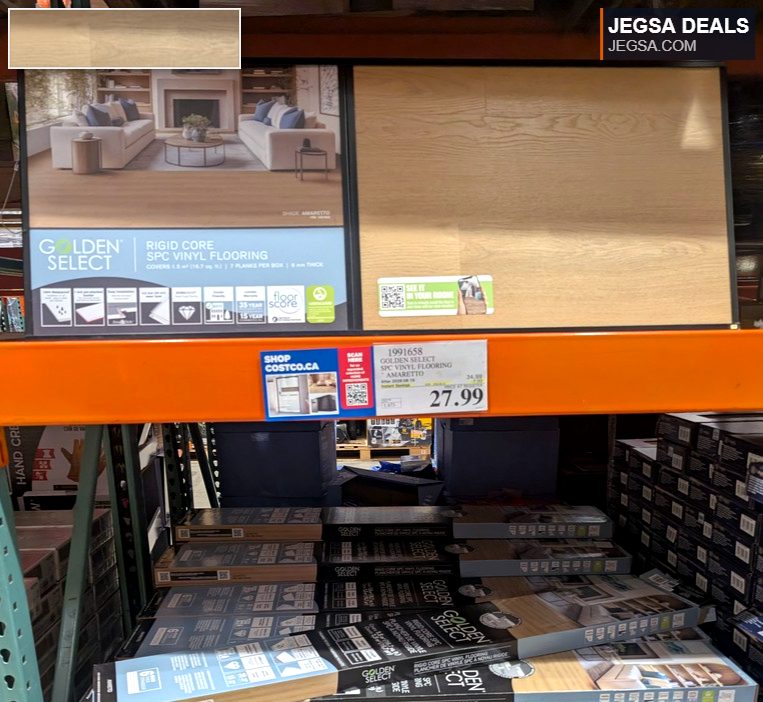 Golden Select Amaretto Rigid Core SPC Vinyl Flooring from Costco, on sale for $27.99, featuring a warm wood-look finish.