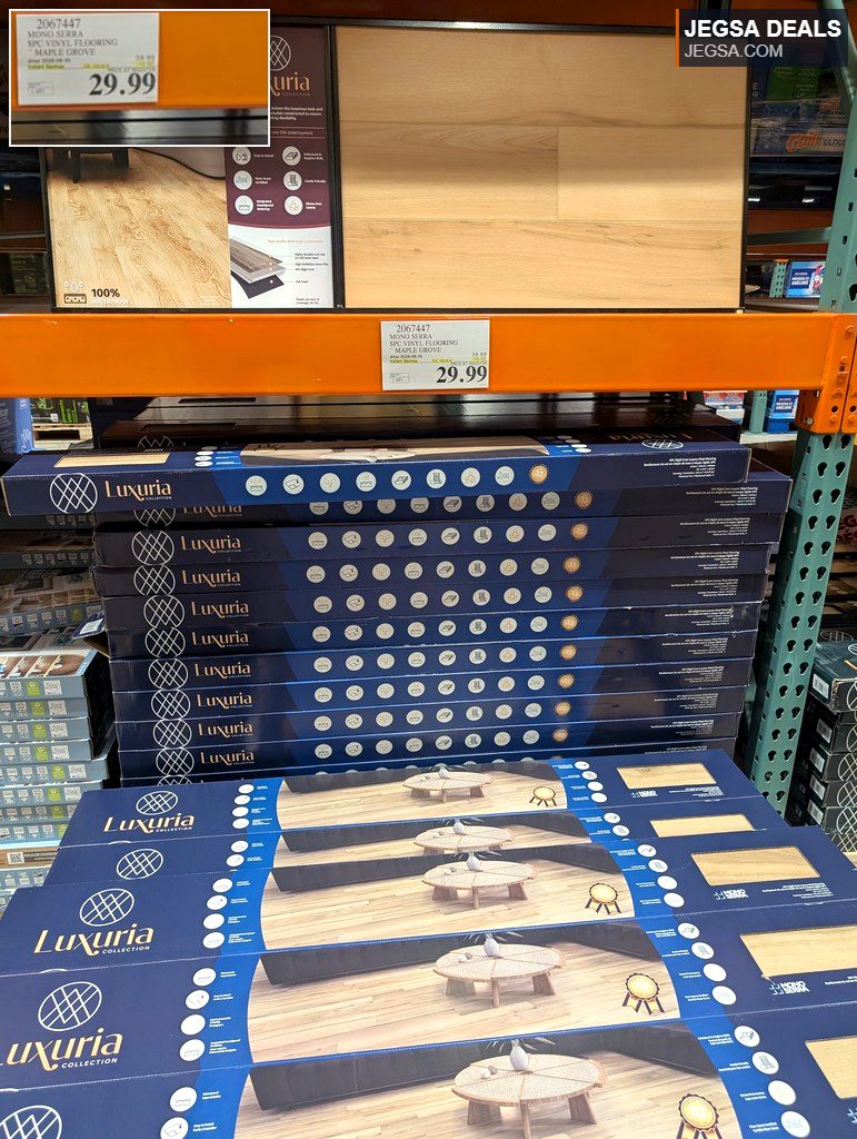Luxuria Mono Serra Maple Grove vinyl flooring from Costco, 100% waterproof, $29.99 per box.