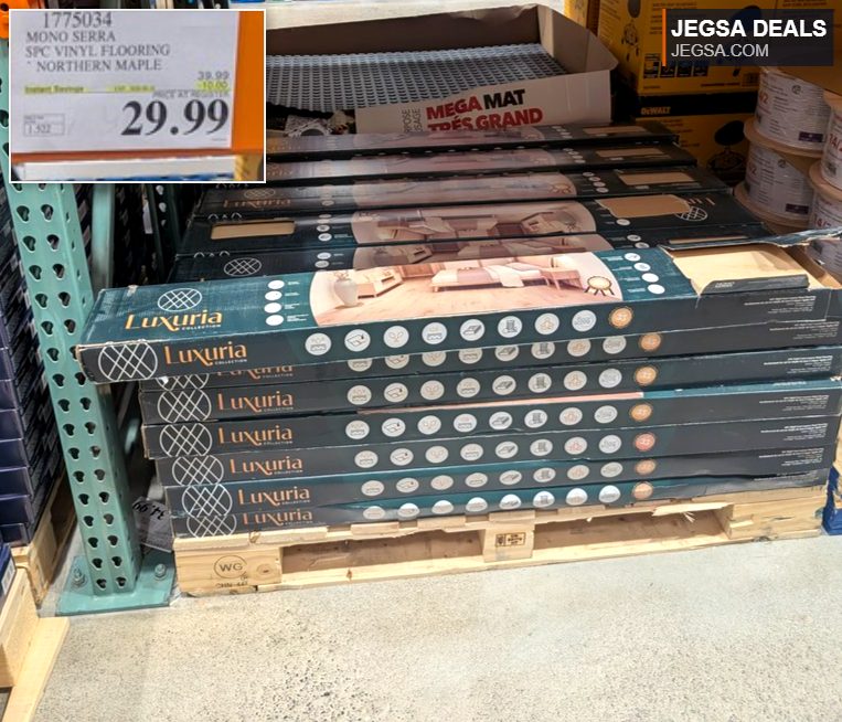 Luxuria Collection SPC vinyl flooring in Northern Maple, available at Costco for $29.99 per pack.