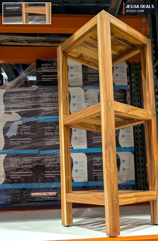 Teakhaus 3-tier solid teak wood shelf from Costco for $49.97, ideal for bathrooms or small spaces.