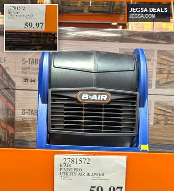 B-Air Pivot Pro Utility Air Blower, black and blue, for home or professional drying and ventilation, from Costco, $59.97.