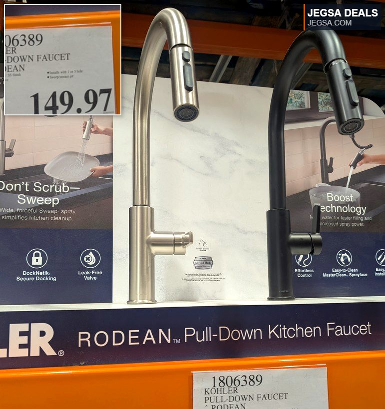 Kohler Rodean stainless steel pull-down kitchen faucet with a modern design, available at Costco for $149.97.